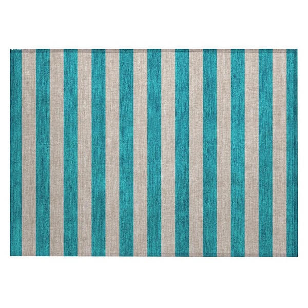 Turquoise 2 ft. x 3 ft. Woven Striped Polyester Rectangle Indoor/Outdoor Area Rug