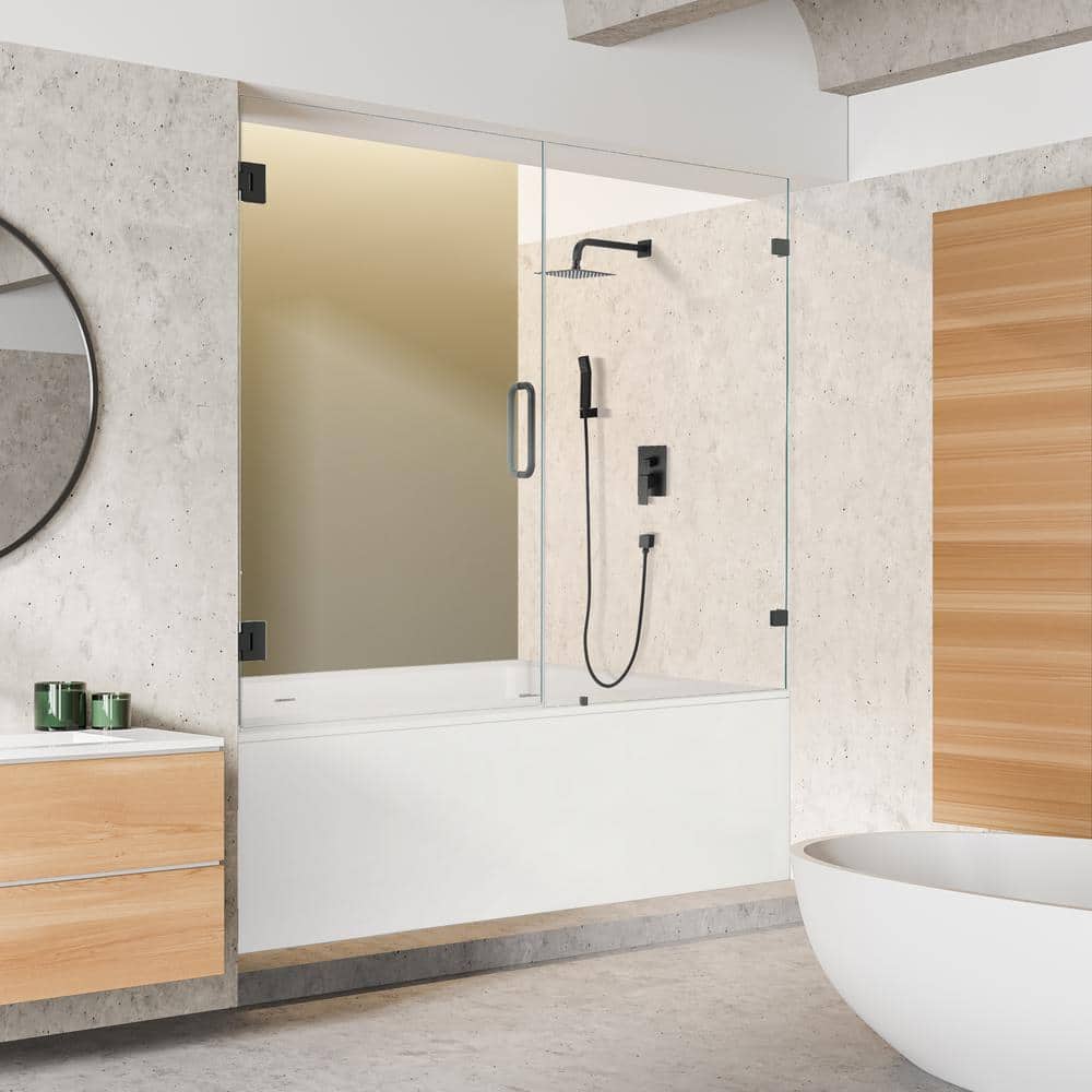 60" Matte Black Frameless Hinged Tub Door with Clear Glass