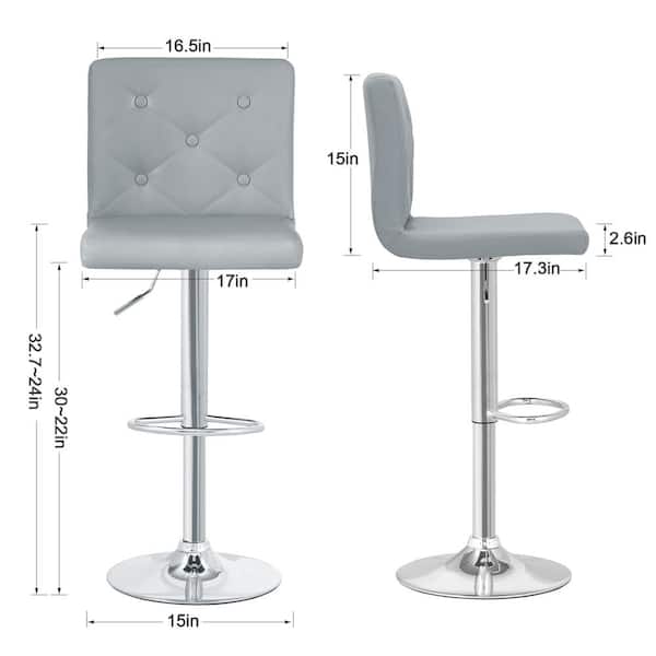 Bar Stools Set of 2 with Back, Adjustable Counter Height Bar Stools with PU Leather Seat, Gray, 2PCS
