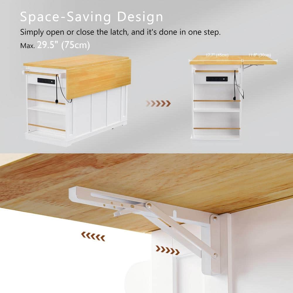 White Wood 53" Kitchen Island with Drop Leaf and Power Outlet