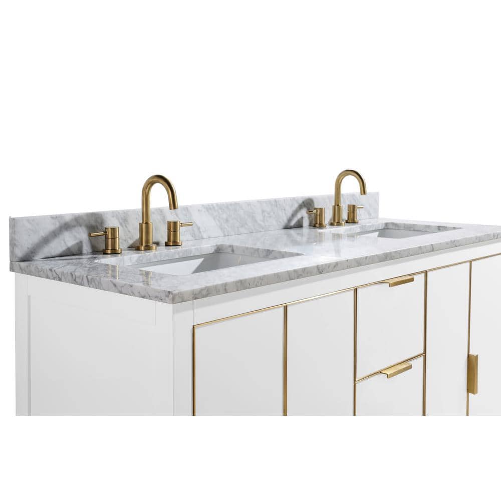 Contemporary 60" White Double Vanity with Marble Top and Gold Accents