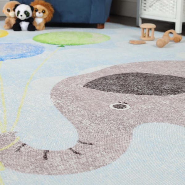 SUPERIOR Nursery Baby Blue 5 ft. x 7 ft. 6 in. Elephant Bright Non-Slip  Area Rug  - The Home Depot