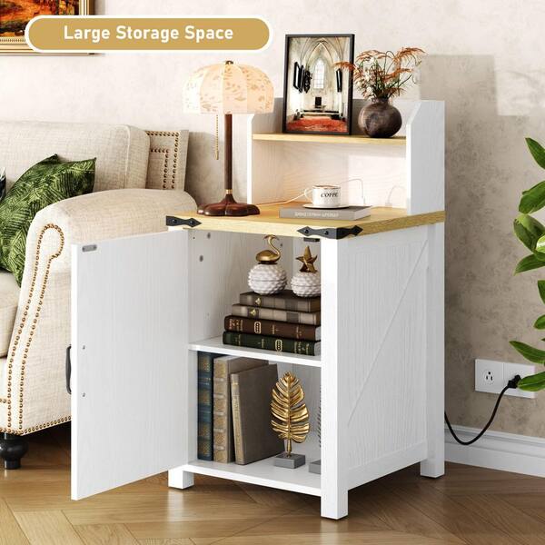 Seafuloy Antique White Side Table, Nightstand with Charging