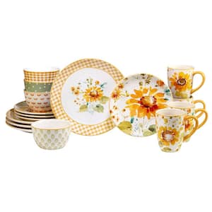 Sunflowers Forever 16-Piece Assorted Colors Earthenware Dinnerware Set (Service for 4)