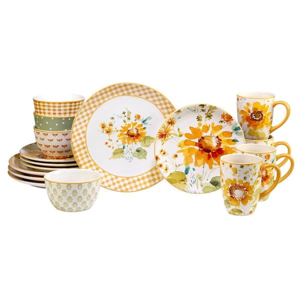 Certified International Sunflowers Forever 16-Piece Assorted Colors Earthenware Dinnerware Set (Service for 4)