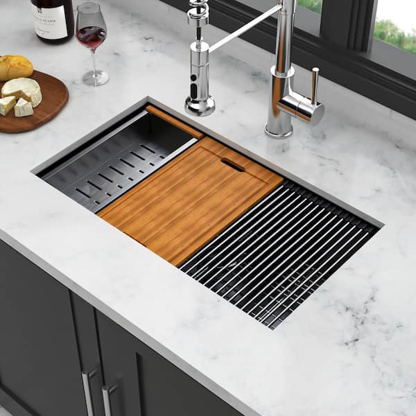 Staykiwi 30 in. Undermount Single Bowl 16-Gauge Gunmetal Black Stainless Steel Kitchen Sink with Workstation