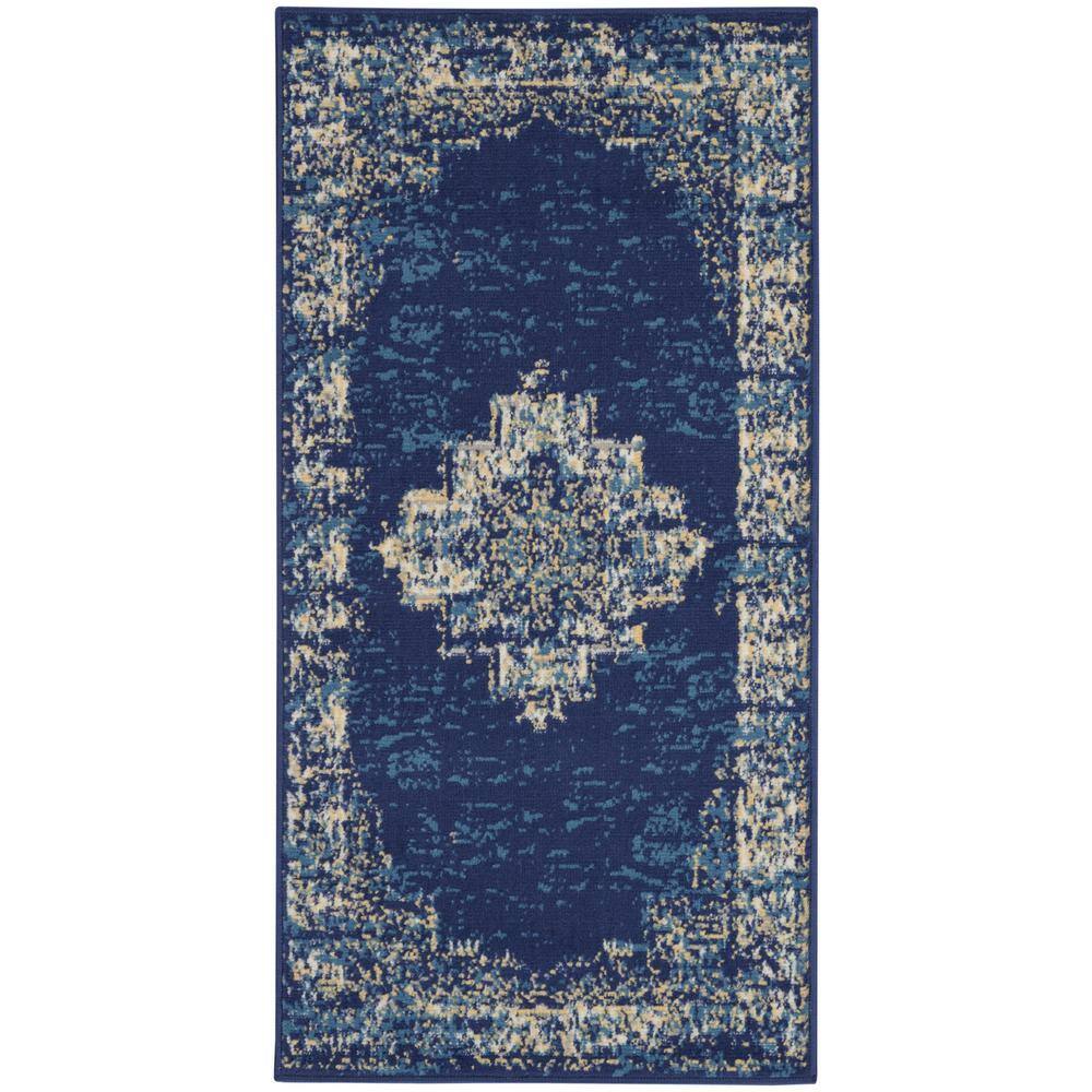 Navy Blue Medallion Tufted Synthetic Area Rug 2' x 4'