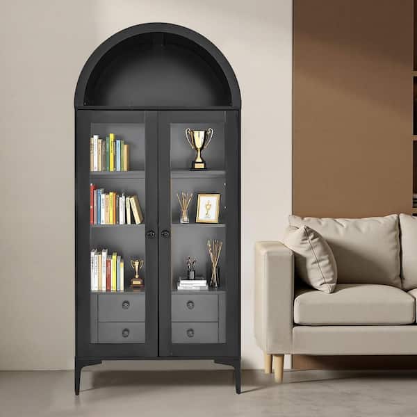 Arched Glass Display Cabinet with Doors, 4-Tier Storage Unit with 2 Adjustable Shelves, 70In. Tall Curio Cabinet