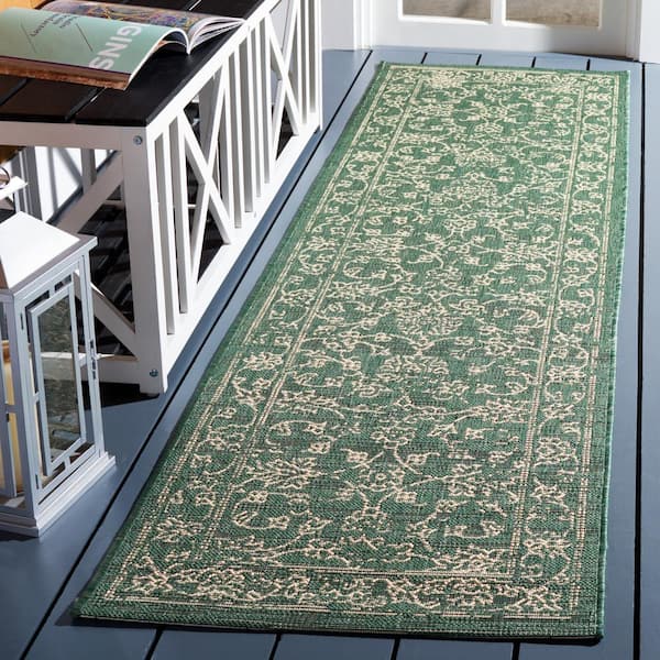 Courtyard Dark Green/Beige 2 ft. x 8 ft. Runner Border Antique Floral Indoor/Outdoor Area Rug