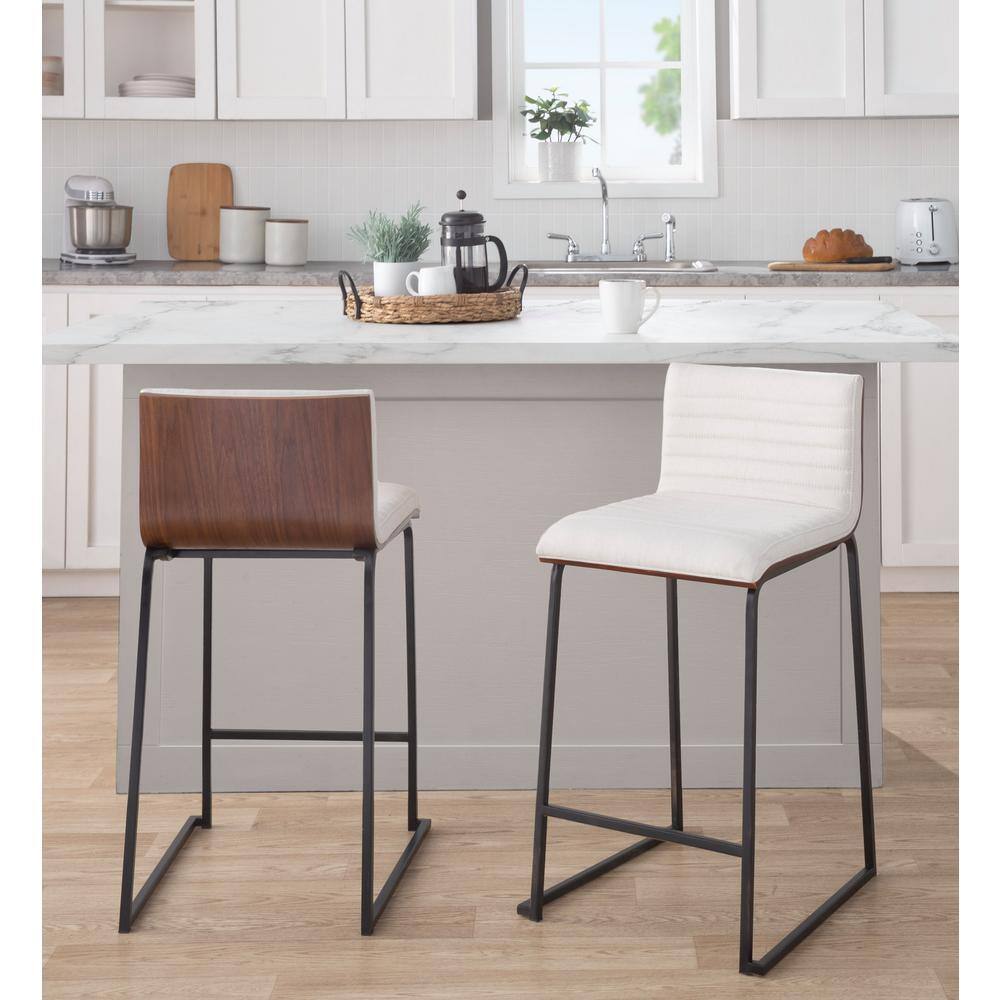 Set of 2 Cream and Walnut Swivel Counter Stools with Black Metal Base