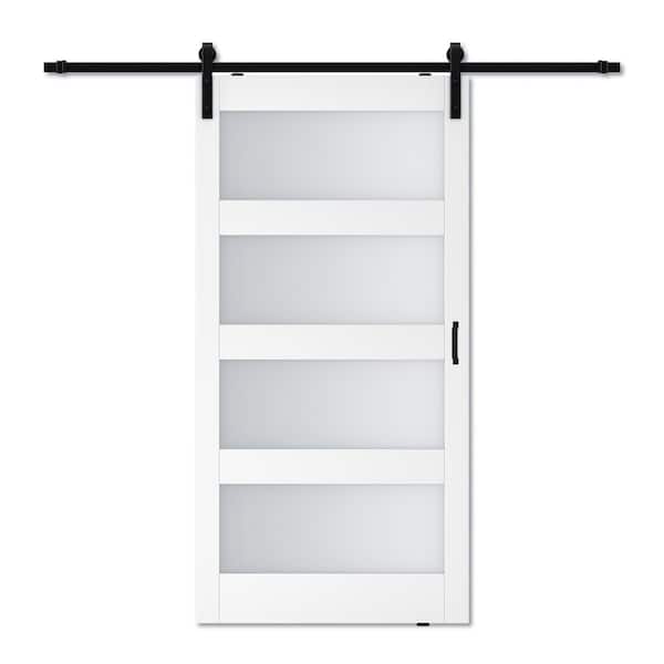 ARK DESIGN 42 in. x 84 in. 4 Lite Tempered Frosted Glass White Prefinished MDF Barn Door Slab with Hardware Kit