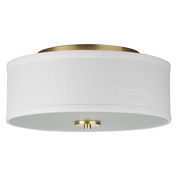 Inspire Collection 2-Light Satin Brass Summer Linen Shade Transitional Kitchen Ceiling Light Drum Flush Mount
