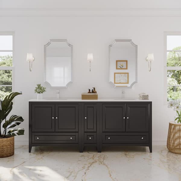 Oxford 84 in. Double Vanity in Espresso with Quartz Stone Vanity Top in White with White Basins with Side Cabinet