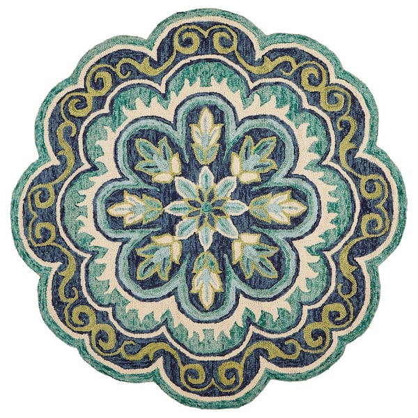 LR Home Daliah Floral Green Round 4 ft. x 4 ft. Geometric Indoor Area Rug