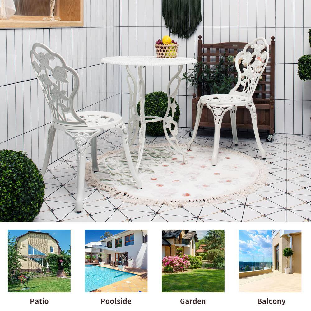 White Cast Aluminum Rose Design Outdoor Bistro Set