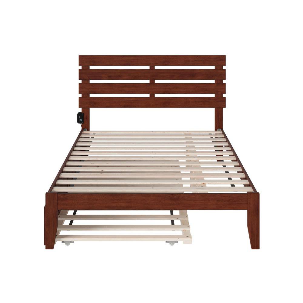 Walnut Full Wood Platform Bed with Trundle and USB Charger