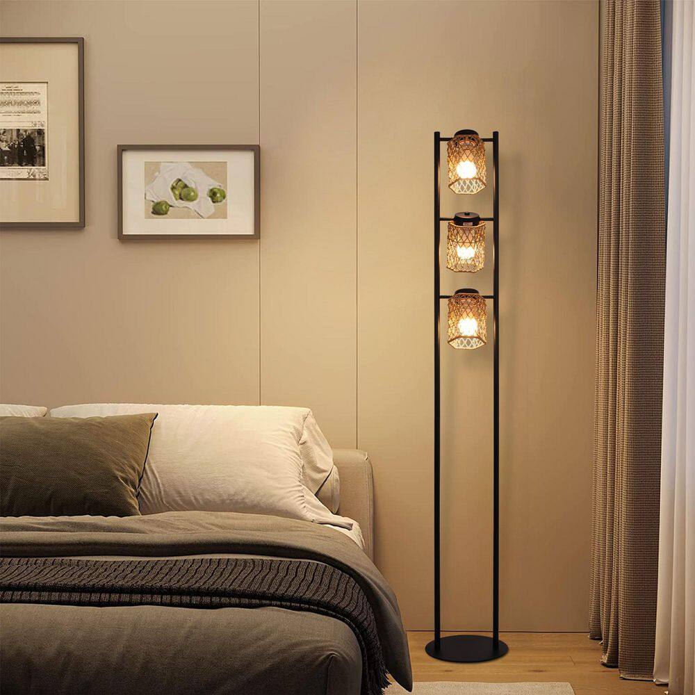 63.98 in. Black Metal Boho Farmhouse 3-Light Column Floor Lamp for Living Room with Rattan Brown Shade price history on PriceWatchPro