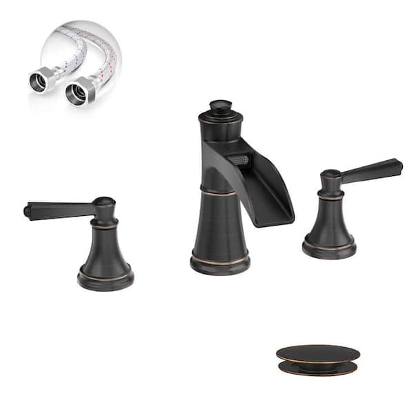 BWE 8 in. Waterfall Widespread 2-Handle Bathroom Faucet With Pop-up Drain Assembly in Oil Rubbed Bronze