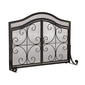 Small Crested Wrought Iron and Steel 1-Panel Fire Screen with Doors