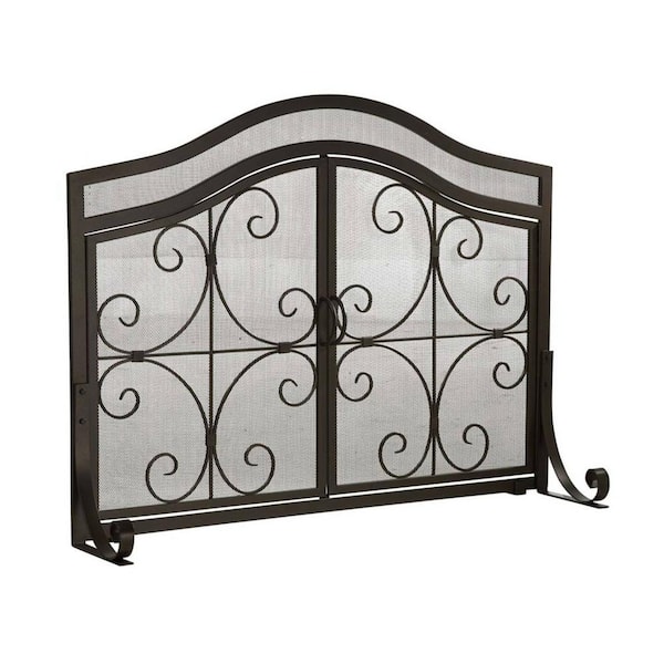 Unbranded Small Crested Wrought Iron and Steel 1-Panel Fire Screen with Doors