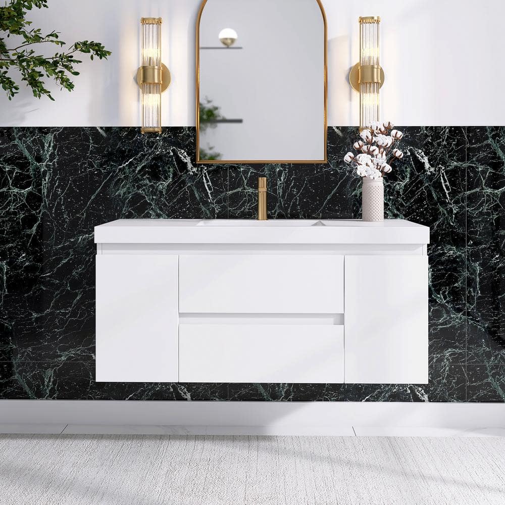 24 inch 30 inch 36 inch 48 inch Wall Mounted 2 Drawer Bathroom Vanity Set with Integrated Resin Sink HighGlossWhite 48 inch High Gloss