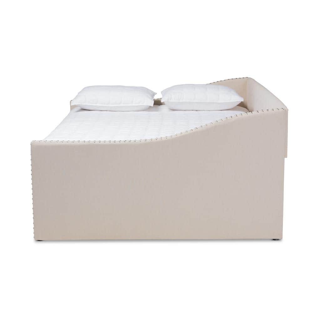 Beige Upholstered Full Size Daybed with Trundle and Nailhead Trim