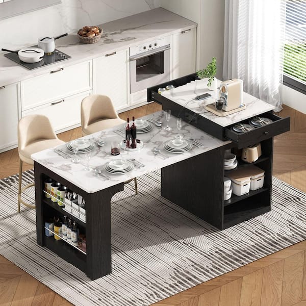 Black Wood 59.50 in. Kitchen Island with Extendable Dining Table, Double-sided Storage, 2-Drawers, Power Outlet