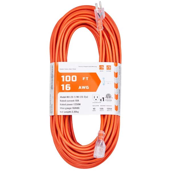 100 ft. Extension Cord, 16AWG 10 Amp 125-Volts 1250W, 3 Prongs Appliance Generator Extension Cord with Lighted End