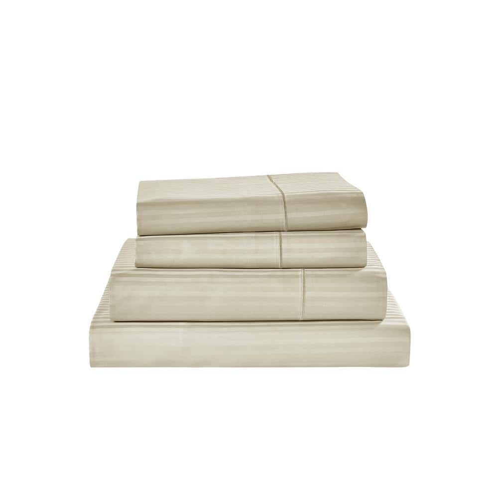 Kathy Ireland Damask Stripe 4-Piece Beige Cotton King Sheet Set