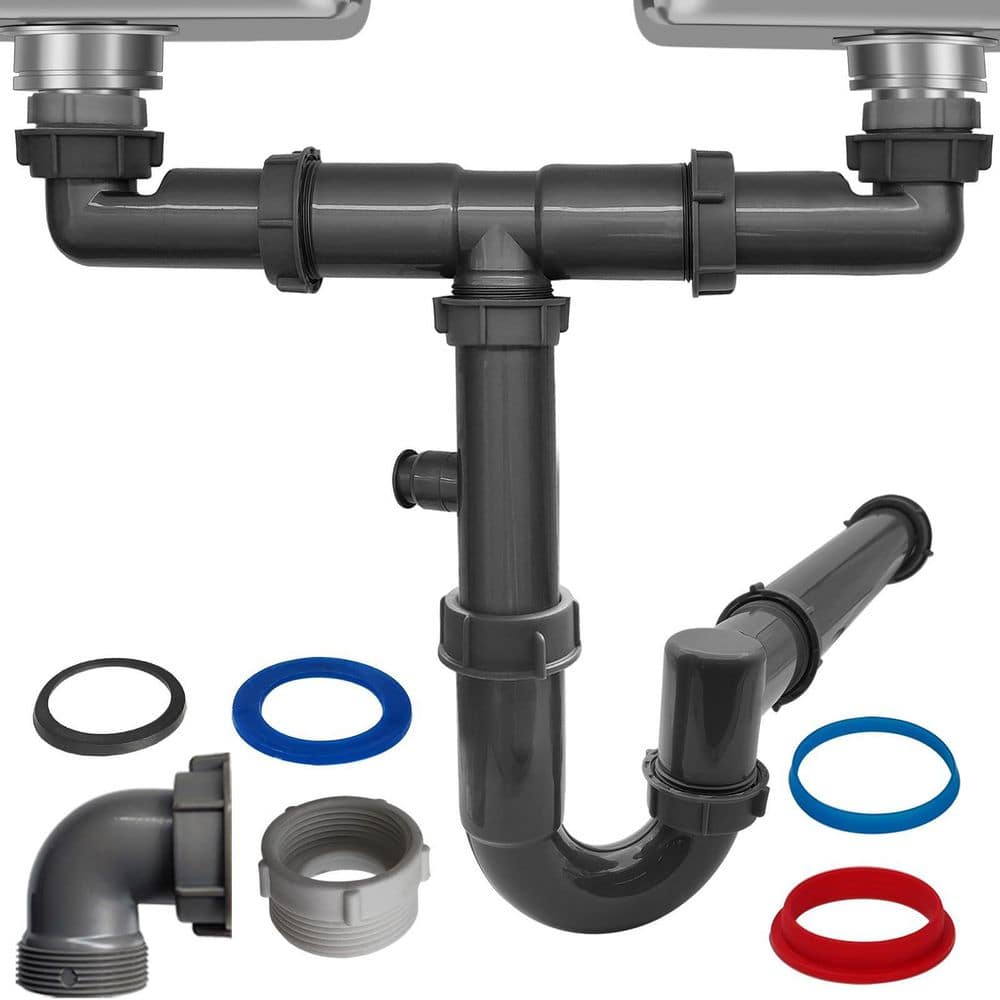 "1-Piece 1-1/2"" Double Sink Drain Pipe Kit in Black with P-Trap, Wall-Outlet, Complete Plumbing Replacement" price history on PriceWatchPro