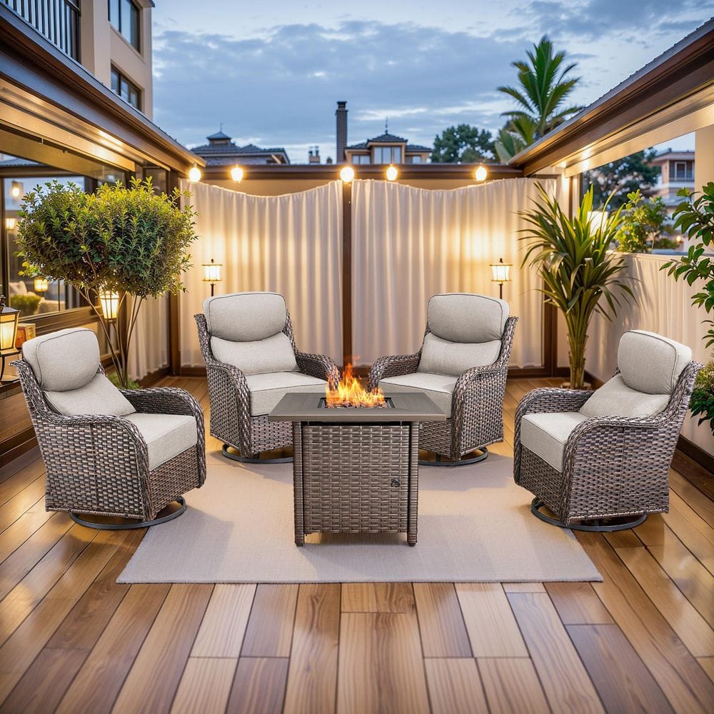 MoonLuxe Brown Wicker Fire Pit Conversation Set with Beige Olefin 6 in. Thick Cushions Patio Swivel Chairs (5-Piece) price history on PriceWatchPro