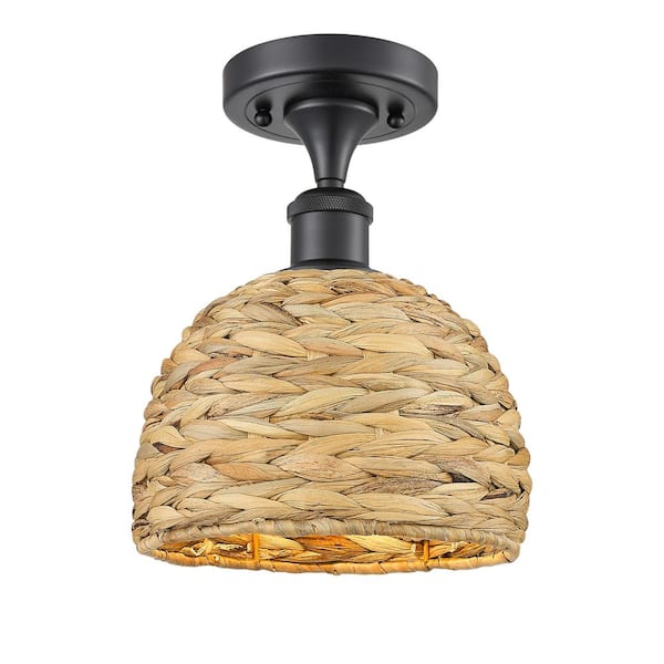 Woven Rattan 8 in. 1-Light Matte Black Farmhouse Semi-Flush Mount with Shade