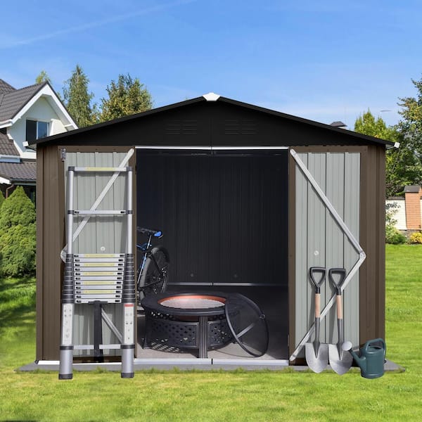8 ft. x 10 ft. Outdoor Metal Garden Storage Sheds with Lockable Doors for Barkyard Patio, Brown and Black (80 sq. ft.)