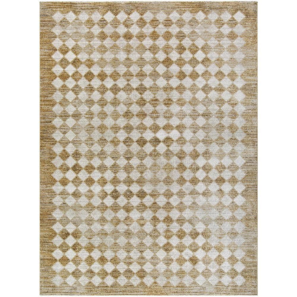 Taupe and Cream Synthetic Checkered Area Rug, 8'10" x 12'2"
