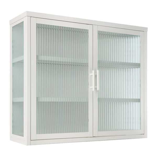 FUNKOL 27.6 in. L x 9.1 in W x 23.6 in.H White Vintage Style Double Glass Door Wall Mounted Cabinet  Removable Divider Included