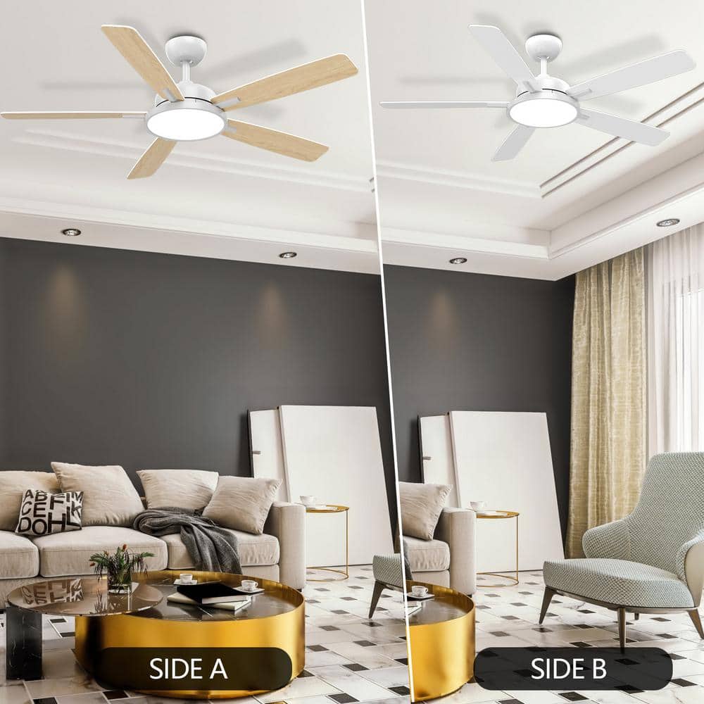 52-Inch White and Light Brown Smart Ceiling Fan with LED Light and Remote