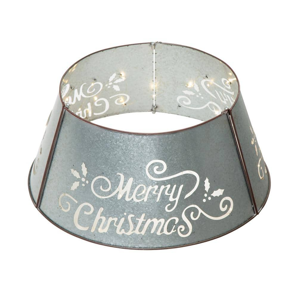 Glitzhome Galvanized "Merry Christmas" Diecut Metal Tree Collar with Light String Kd, 26"