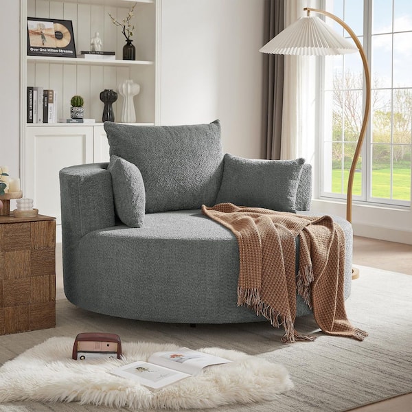 Effie Grey 360° Swivel Barrel Accent Chair with 3 Removable Pillows, Round Sofa Chair