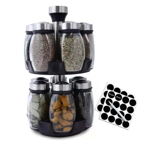 Revolving Spice Rack Organizer Storage with 12 Glass Jar Bottles, Spinning Spice Stand Holder for kitchen