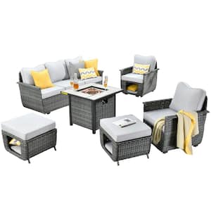 Sierra Black 6-Piece Wicker Multi-Functional Fire Pit Patio Conversation Sofa Seating Set with Light Gray Cushions