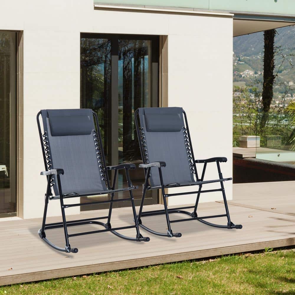 Zeus & Ruta 2Piece Gray Metal Outdoor Rocking Chair Folding Zero Gravity Lounge Chairs with
