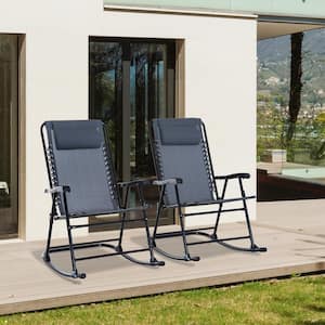 2-Piece Gray Metal Outdoor Rocking Chair Folding Zero Gravity Lounge Chairs with Headrests for Outdoor, Garden, Patio