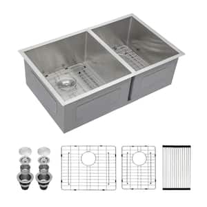 Stainless Steel 18-Gauge 33 in. 60/40 Double Bowl Undermount Kitchen Sink with Bottom Grid