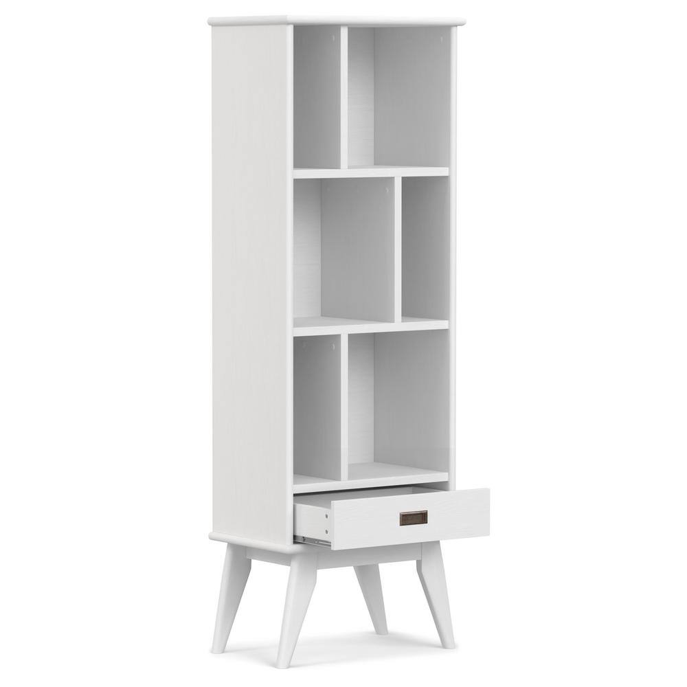 White Solid Hardwood Mid-Century Modern Bookcase with Storage Drawer