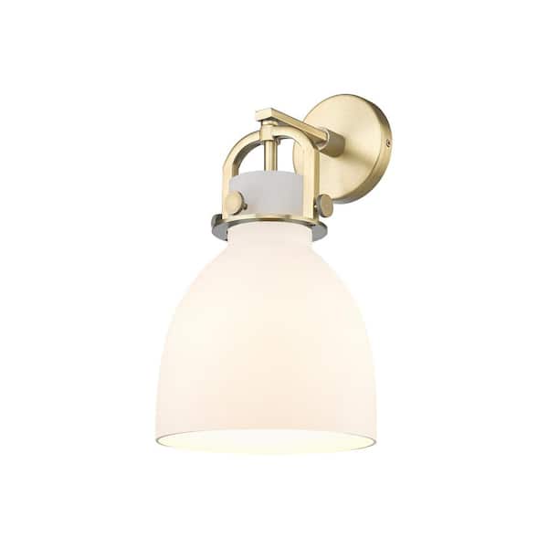Innovations Newton Bell 1-Light Brushed Brass Wall Sconce with White Glass Shade