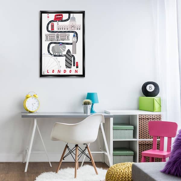 London Whimsical Travel City by Carla Daly Black Floater Frame Abstract Graphic Art Print 31 in. x 21 in.