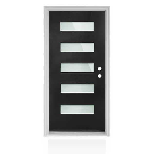 36 in. x 80 in. Left-Hand 5 Lite Frosted Glass Black Modern Prehung Exterior Fiberglass Front Door with Brickmould