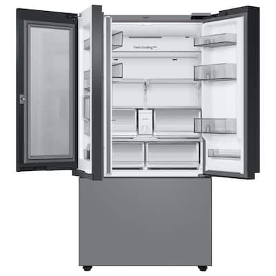 Bespoke 30 cu. ft. 3-Door French Door Smart Refrigerator with Family Hub in White Glass/Matt Grey Glass, Standard Depth