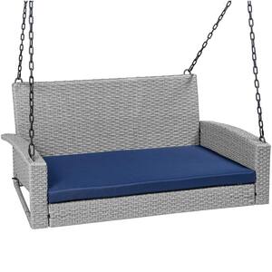 2-Person Gray Wicker Porch Swing with Navy Blue Cushions