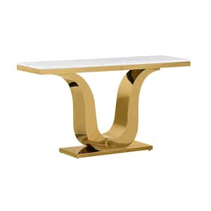 Eric 55 in L. White Rectangle Marble Top Console Table With Gold Stainless Steel Base